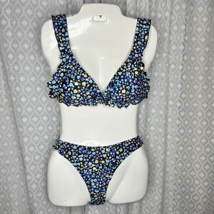 Floral Multi‎ Color Ruffle Bikini Set Tie Back Two Piece Swimsuit L